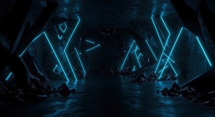 Fototapeta premium Dark room with geometric stone shapes and neon light accents on walls and floor