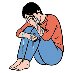 Person In Orange Shirt And Blue Pants Sitting And Crying With Tears Streaming Down Their Face Illustration