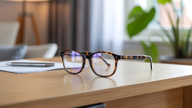A pair of eyeglasses rests on a wooden table with a pen and a paper, creating a scene of work or study indoors.