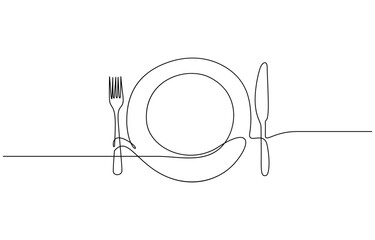 Continuous one line drawing of Fork knife and plate vector illustration. Editable outline