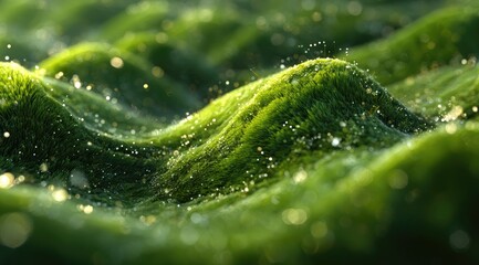 Close-up view of a vibrant, textured mossy landscape, illuminated by sunlight, with glistening water droplets
