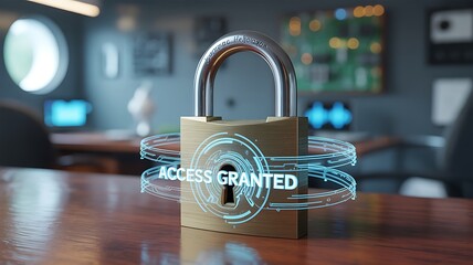 Secure Access Granted Padlock on Wooden Desk with Holographic Overlay in Modern Office Setting for Cybersecurity Concepts