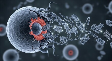 Scientific 3D illustration of a cancer cell undergoing apoptosis, showing the dramatic process of cellular destruction and lysis