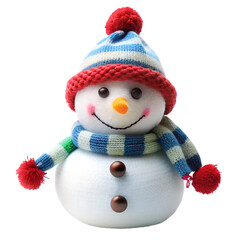 A cute, smiling snowman wearing a striped hat and scarf, isolated on transparent background, representing winter fun and holiday cheer