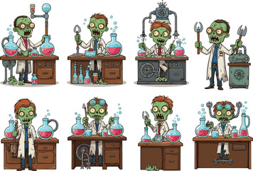 Cartoon zombie scientists in lab, funny undead researchers with tools, chemistry experiment gone wrong, Halloween science illustration for spooky design