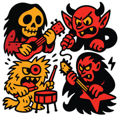 Skeleton playing guitar, devil singing, monster drumming, vampire playing bass, cartoon band
