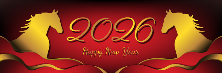 2026 Happy New Year of horse red banner design with golden  numbers  vector illustration