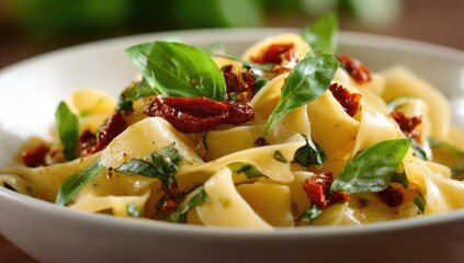 Creamy pasta dish with sun-dried tomatoes and basil
