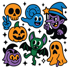 Halloween cartoon skull pumpkin bat ghost witch snail owl and hand with playful expressions
