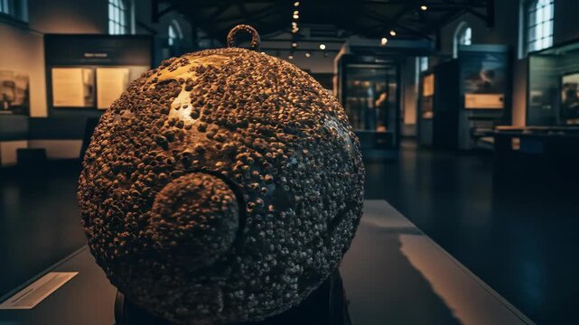 Antique submarine on display in museum exhibit with nautical artifacts and historic submarine design.