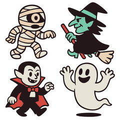 Cartoon mummy witch vampire ghost Halloween costume spooky fun happy celebration