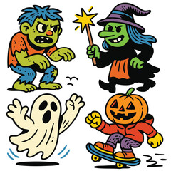 Cartoon zombie, witch, ghost, and pumpkin character in Halloween costumes, playful and fun style