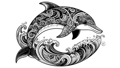 Ornate dolphin leaping through detailed waves
