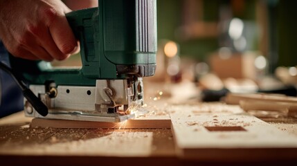 Carpenter using electric jigsaw cutting wood plank in workshop