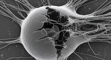An intricate scanning electron micrograph of a biological neuron cell undergoing apoptosis, revealing its damaged membrane and the complex web of surrounding dendrites