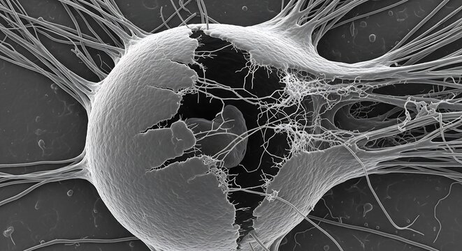 An intricate scanning electron micrograph of a biological neuron cell undergoing apoptosis, revealing its damaged membrane and the complex web of surrounding dendrites
