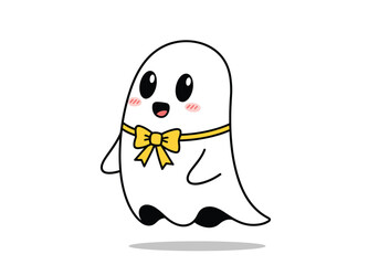 Cute ghostly apparition with yellow bow tie and blush cheeks floating happily