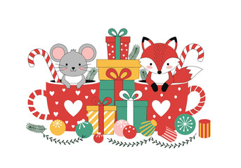 Fototapeta premium Adorable cute christmas mouse and fox friends sharing holiday gifts together