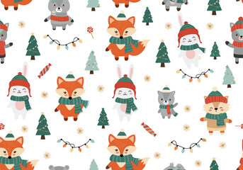 Fototapeta premium Adorable cartoon forest animals wearing winter clothes and hats celebrating christmas holidays
