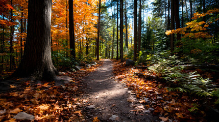 Obraz premium Bright fall day with a winding forest trail and coloful autumn leaves coveringthe ground.