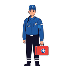 Illustration of a male paramedic in blue uniform holding a red first aid kit on a white background.