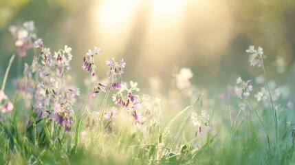 A sunlit meadow filled with delicate wildflowers in soft purples and whites, slender stems, lush green grass,