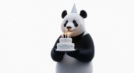 Obraz premium A cheerful panda wearing a party hat holds a white birthday cake with lit candles against a plain white background.