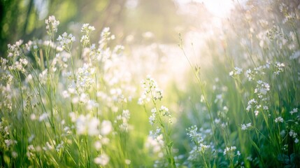 A serene sunlit meadow with abundant greenery and white flowers evokes calmness and reflects nature's beauty under soft 