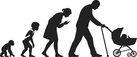 Funny human evolution timeline ends with man pushing stroller, symbolizing life cycle, parenting, aging, technology, and modern lifestyle humor