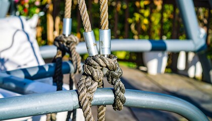 Close-up view of a sturdy rope knot securing an outdoor swing set