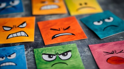 Colorful emotional expression cards anger sadness joy frustration different feelings concept design mood