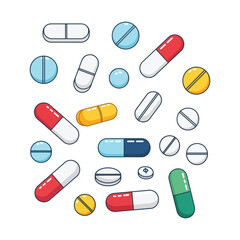 Colorful illustration of various pills and capsules on a white background