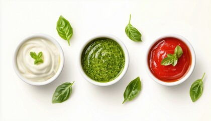 Obraz premium Delicious Dip And Sauce Composition Featuring Pesto Sauce, Mayonnaise, And Tomato Sauce With An Array Of Tasty Ingredients Included.