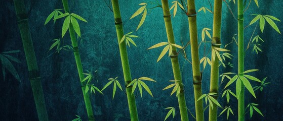 Serene bamboo grove illustration with lush green leaves on textured teal background artistic zen nature scene in Asia