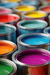 Overhead close-up of colorful paint cans in a row, vibrant hues of art supplies in studio setting, creative concept for home improvement and design