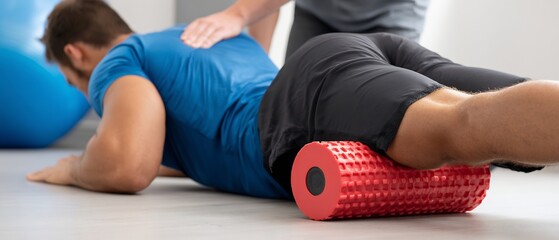 Patient using foam roller back rehabilitation sports injury recovery exercise realistic physiotherapy session