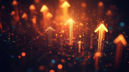 Abstract digital arrows upward, rising trend, glowing, background city