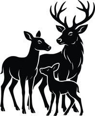 Deer Family Vector Silhouette – Stag, Doe, and Fawn Illustration