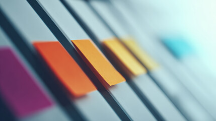 minimalist office workspace featuring clean note board adorned with colorful sticky notes