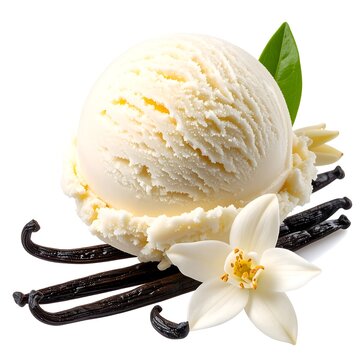 A delectable scoop of vanilla ice cream, accented by fragrant vanilla beans and blossoms, presented against a pure white backdrop.