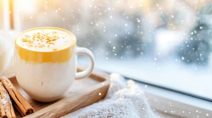 Warm winter drink in yellow mug with cinnamon sticks and pine branch by a snowy window