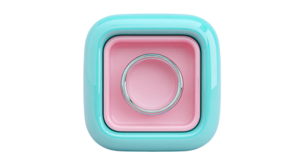 A square icon, teal and pink, layered.  A light metal ring in the center