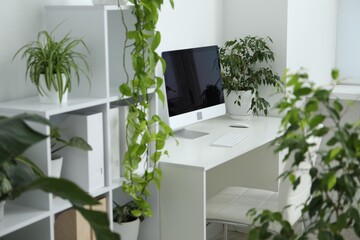 Stylish workplace with modern computer and floral decor in office. Biophilic interior design