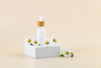 bottle with an essential oil pipette on a white podium and daisy flowers on a beige background