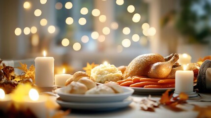 Obraz premium Festive autumn feast with roast turkey and seasonal decorations
