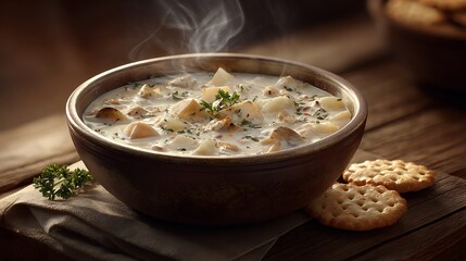 **Ultra Realistic Premium Mockup Of A Steaming Hot Bowl Of Creamy New England Clam Chowder With Chunks Of Clams, Potatoes, And Fresh Parsley Garnish. Served In A Rustic Ceramic Bowl With Oyster Cracke