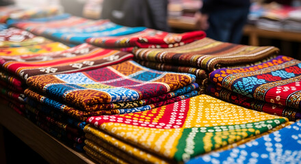 Vibrant collection of intricately patterned traditional textiles and colorful woven scarves displayed at an artisan market