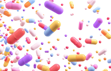 Colorful pills in various shades of pink, purple, yellow, orange, and blue are scattered in a dynamic, falling motion against a transparent background