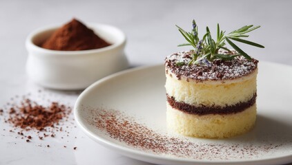 A small, layered cake, dusted with cocoa powder, sits on a white plate.  Fresh herbs, likely rosemary, are atop the cake. A small bowl of cocoa powder is off to the side