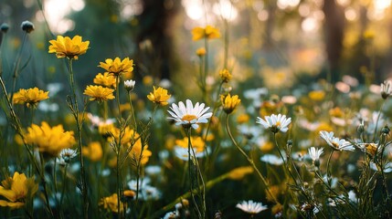 Daisies and Coreopsis Flowers Blooming in Meadow Close Up Sunny Day Springtime Beauty